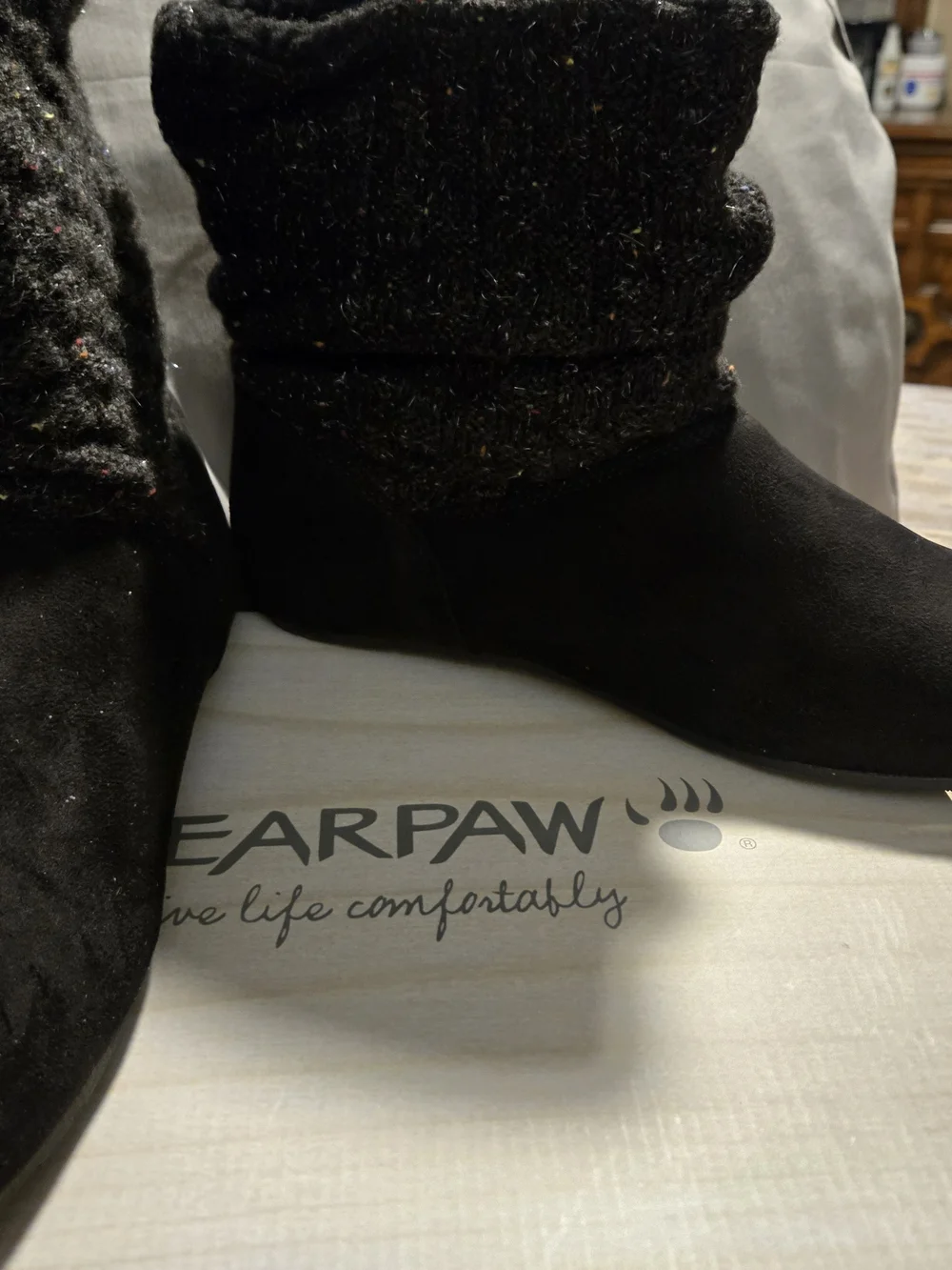 BearPaw Black Faux-Suede Ankle Boots with Knit Cuff Size 11W